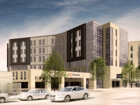Southeast corner rendering of Greenwich Park Apartments with both phases completed. 