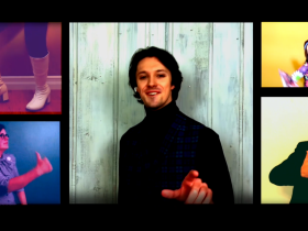Karen Estrada (Miss Prism, lower left), Max Pink (Algernon, center), Ashley Oviedo (Cecily, top right) and Tim Rebers (Dr. Chasuble/Lane/Merriman, lower right) in the fulllength virtual musical Being Earnest based on The Importance of Being Earnest.