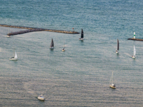 Sailboats near the Milwaukee harbor's north gap.