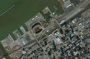 Cleveland’s downtown lakefront includes the Rock and Roll Hall of Fame, but is otherwise dominated by port facilities, stadium parking lots, limited access highways, and a railroad corridor. Photo courtesy of the U.S.G.S.