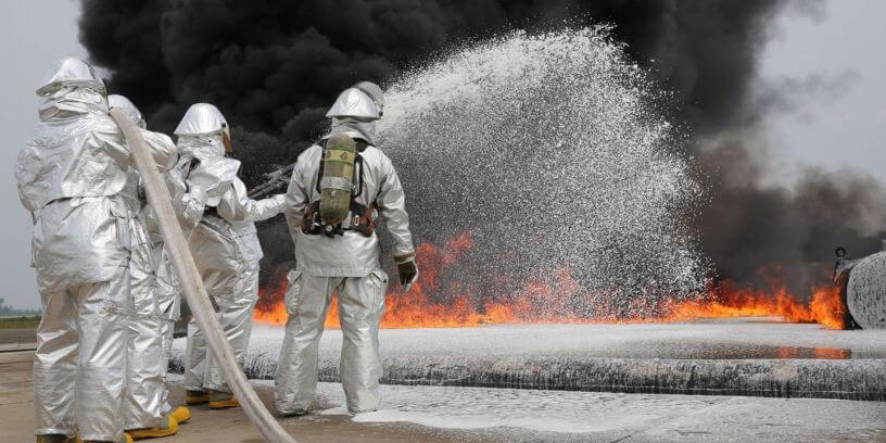 Marines fighting fires with foam, a product that uses PFAS . Photo by Lance Cpl. Shawn Valosin/U.S. Marine Corps.