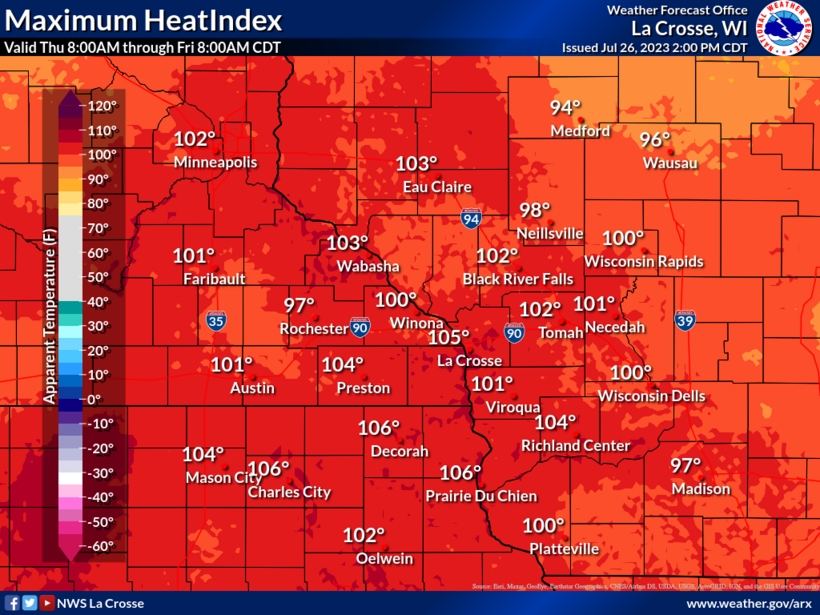 A map shows the maximum heat indices forecasted in southern and western Wisconsin for Thursday, July 27, 2023. Courtesy of the National Weather Service